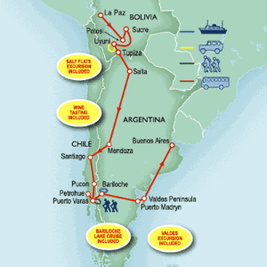 30 Day tour departing La Paz - Highlights La Paz, Sucre, Potosi, Uyuni, Salta, Mendoza, Santiago, Pucon, Puerto Varas, Bariloche, Puerto Madryn, Valdes Peninsula, Buenos Aires