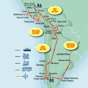 51 Day tour departing Lima - Highlights Lima, Arequipa, Chivay, Cuzco, Lares, Puno, La Paz, Sucre, Potosi, Uyuni, Salta, Mendoza, Santiago, Pucon, Puerto Varas, Bariloche, Puerto Madryn, Valdes Peninsula, Buenos Aires