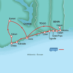 14 Day tour departing Accra - Highlights Accra, Ouidah, Cotonou, Abomey, Ganvie, Grand popo, Togoville, Lome, Kokrobite, Elmina, Cape coast, Kumasi