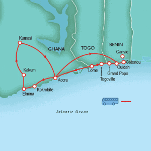 14 Day tour departing Accra - Highlights Accra, Kumasi, Elmina, Cape coast, Kokrobite, Ouidah, Cotonou, Abomey, Ganvie, Grand popo, Togoville, Lome