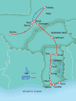21 Day tour departing Accra - Highlights Accra, Kokrobite, Elmina, Cape coast, Kumasi, Fiema, Tamale, Ouagadougou, Bandiagara, Dogon, Mopti, Djenne, Bamako