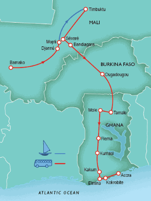 21 Day tour departing Bamako - Highlights Bamako, Djenne, Mopti, Bandiagara, Dogon, Ouagadougou, Fiema, Kumasi, Elmina, Cape coast, Kokrobite, Accra