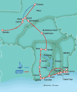 28 Day tour departing Accra - Highlights Accra, Ouidah, Cotonou, Abomey, Ganvie, Grand popo, Togoville, Lome, Kokrobite, Elmina, Cape coast, Kumasi, Fiema, Tamale, Ouagadougou, Bandiagara, Dogon, Mopti, Djenne, Bamako