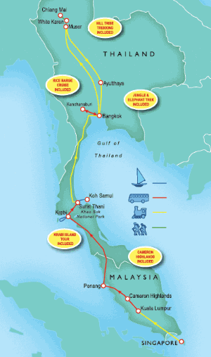 22 Day tour departing Singapore - Highlights Singapore, Kuala Lumpur, Cameron Highlands, Penang, Krabi, Koh Samui, Bangkok, Kanchanaburi, Ayutthaya, Chiang Mai
