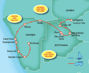 15 Day tour departing Windhoek - Highlights Windhoek, Sesriem, Sossusvlei, Swakopmund, Cape Cross, Rundu, Maun, Livingstone