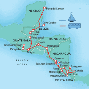 36 Day tour departing Playa del Carmen - Highlights Playa del Carmen, Flores, Tikal, Antigua, Panajachel, Chichicastenango, Copan, Tegucigalpa, Granada, San Juan del Sur, San Jose, Cahuita, Tortuguero, La Fortuna, Arenal, Monteverde, Quepos