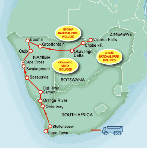 21 Day tour departing Maun - Highlights Maun, Grootfontein, Outjo, Cape Cross, Swakopmund, Sossusvlei, Sesriem, Naukluft, Springbok, Cape Town, Livingstone