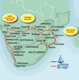 35 Day tour departing Johannesburg - Highlights Johannesburg, Kruger National Park, Maputo, Vilanculos, Bazaruto, Bulawayo, Maun, Grootfontein, Outjo, Cape Cross, Swakopmund, Sossusvlei, Sesriem, Naukluft, Springbok, Cape Town, Livingstone