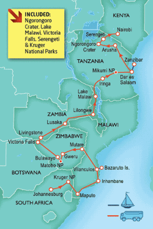 36 Day tour departing Johannesburg - Highlights Johannesburg, Kruger National Park, Maputo, Ponta da Barra, Inhambane, Vilanculos, Bazaruto, Mutare, Gweru, Bulawayo, Livingstone, Lusaka, Lilongwe, Iringa, Dar Es Salaam, Zanzibar, Arusha, Nairobi