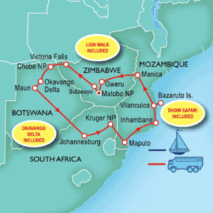 21 Day tour departing Johannesburg - Highlights Johannesburg, Kruger National Park, Maputo, Inhambane, Ponta da Barra, Bazaruto, Vilanculos, Bulawayo, Maun, Livingstone