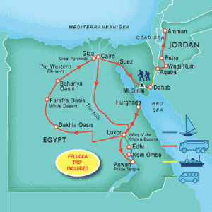 21 Day tour departing Cairo - Highlights Cairo, Aswan, Abu Simbel, Kom Ombo, Edfu, Luxor, Hurghada, Suez, Aqaba, Petra, Amman, Giza, Sharm El Sheikh