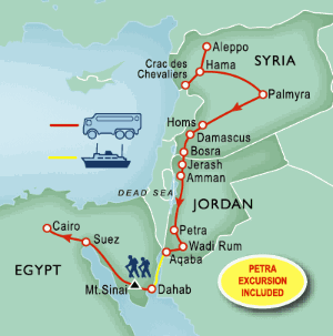 14 Day tour departing Cairo - Highlights Cairo, Suez, Aqaba, Petra, Amman, Aleppo, Hama, Palmyra, Homs, Jerash, Sharm El Sheikh