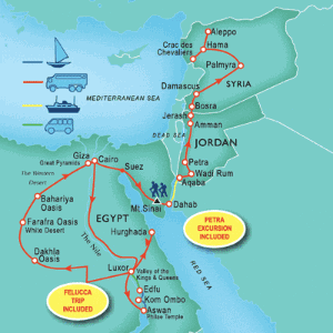28 Day tour departing Cairo - Highlights Cairo, Aswan, Abu Simbel, Kom Ombo, Edfu, Luxor, Hurghada, Suez, Aqaba, Petra, Amman, Aleppo, Hama, Palmyra, Homs, Jerash, Giza, Sharm El Sheikh