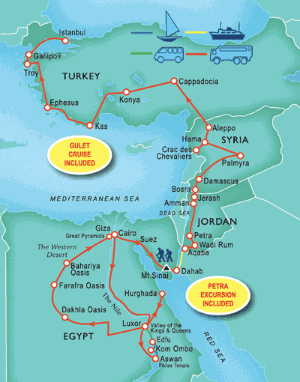 35 Day tour departing Cairo - Highlights Cairo, Aswan, Abu Simbel, Kom Ombo, Edfu, Luxor, Hurghada, Suez, Aqaba, Petra, Amman, Jerash, Damascus, Palmyra, Homs, Hama, Aleppo, Goreme, Olympos, Ephesus, Selcuk, Troy, Gallipoli, Istanbul, Giza, Sharm El Sheikh