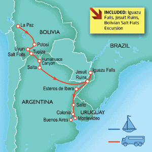 21 Day tour departing La Paz - Highlights La Paz, Potosi, Uyuni, Humahuaca, Salta, San Ignacio, Salto, Montevideo, Buenos Aires, Puerto Iguazu