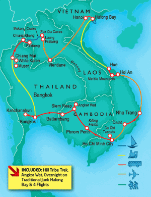 35 Day tour departing Bangkok - Highlights Bangkok, Kanchanaburi, Ayutthaya, Chiang Mai, Chiang Khong, Luang Prabang, Vientiane, Hanoi, Halong Bay, Hue, Hoi An, Nha Trang, Dalat, Ho Chi Minh City, Phnom Penh, Siem Reap, Battambang