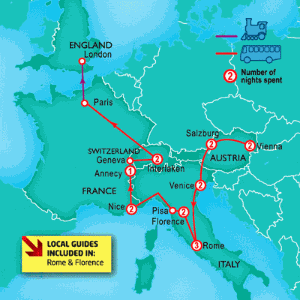 17 Day tour departing Vienna - Highlights Vienna, Salzburg, Venice, Rome, Florence, Nice, Interlaken, Paris, London