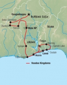 22 Day tour departing Ouagadougou - Highlights Ouagadougou, Bobo Dioulasso, Banfora, Gaoua, Kumasi, Cape coast, Kokrobite, Accra, Kpalime, Abomey, Ganvie, Ouidah, Lome