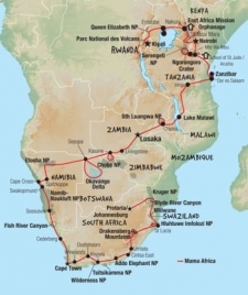 79 Day tour departing Pretoria - Highlights Pretoria, Johannesburg, Kruger National Park, Maputo, Durban, Umtata, Cintsa, Port Elizabeth, Oudtshoorn, Cape Town, Sesriem, Sossusvlei, Swakopmund, Cape Cross, Spitzkoppe, Livingstone, Lusaka, Chipata, Lilongwe, Iringa, Dar Es Salaam, Zanzibar, Arusha, Mto Wa Mbu, Nairobi, Jinja, Entebbe, Ruhengeri, Kigali, Sao tiago