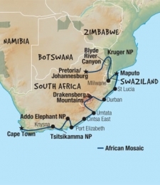 23 Day tour departing Pretoria - Highlights Pretoria, Johannesburg, Kruger National Park, Maputo, Durban, Umtata, Cintsa, Port Elizabeth, Oudtshoorn, Cape Town, Sao tiago