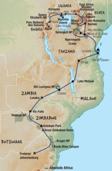 47 Day tour departing Kigali - Highlights Kigali, Ruhengeri, Entebbe, Jinja, Nairobi, Arusha, Mto Wa Mbu, Dar Es Salaam, Zanzibar, Iringa, Lilongwe, Chipata, Lusaka, Livingstone, Gweru, Tshipise, Kruger National Park, Pretoria, Johannesburg