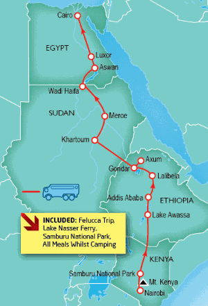 56 Day tour departing Nairobi - Highlights Nairobi, Awassa, Addis Ababa, Bahar Dar, Axum, Gondar, Mena, Meroe, Aswan, Abu Simbel, Luxor, Cairo, Giza