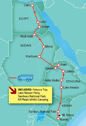 56 Day tour departing Cairo - Highlights Cairo, Luxor, Aswan, Abu Simbel, Meroe, Khartoum, Mena, Gondar, Bahar Dar, Axum, Addis Ababa, Awassa, Nairobi, Giza