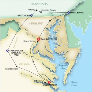 8 Day tour departing Washington - Highlights Lincoln, Arlington, Georgetown, Philadelphia, Franklin, Hershey, Gettysburg, Charlottesville, Williamsburg, Jamestown, Mount Vernon, Vernon