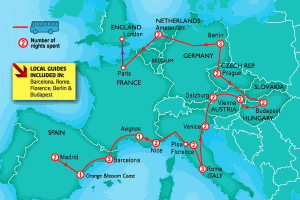 30 Day tour departing Madrid - Highlights Madrid, Barcelona, Marseille, Nice, Florence, Rome, Venice, Salzburg, Vienna, Budapest, Prague, Berlin, Amsterdam, Paris