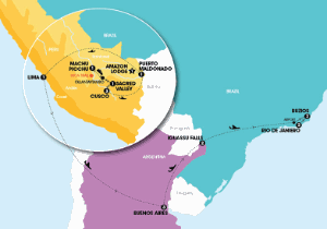 18 Day tour departing Cuzco - Highlights Cuzco, San Pedro, Urubamba, Aguas Calientes, Puerto Maldonado, Lima, Miraflores, Pisco, Buenos Aires, Ushuaia, Puerto Iguazu, San Martin, Buzios, Rio De Janeiro, Vancouver