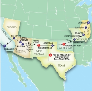 14 Day tour departing Chicago - Highlights Chicago, Springfield, St Louis, Branson, Rogers, Oklahoma City, Joplin, Coleman, Amarillo, Albuquerque, Cadillac, Flagstaff, Kingman, Las Vegas, Hollywood, Los Angeles, Beverly Hills, Santa Monica