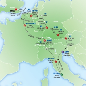14 Day tour departing London - Highlights London, Bruges, Brussels, Dover, Cologne, Heidelberg, Bonn, Rothenburg, Munich, Salzburg, Venice, Lake District, Rome, Florence, Lucerne, Basel, Paris, Calais