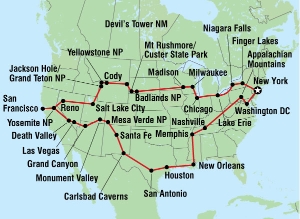 43 Day tour departing York - Highlights York, Philadelphia, Nashville, Memphis, New Orleans, Houston, San Antonio, Santa Fe, Las Vegas, Sierra Nevada, San Francisco, Lake Tahoe, Reno, Lake City, Salt Lake City, Temple Square, Jackson Hole, Yellowstone, Cody, Milwaukee, Madison, Chicago, Erie, Niagara Falls, New York, San Diego