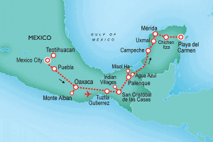 13 Day tour departing Mexico City - Highlights Mexico City, Guadalupe, Puebla, Oaxaca, Tuxtla Gutierrez, Palenque, Campeche, Playa del Carmen, Chichen Itza, Tulum