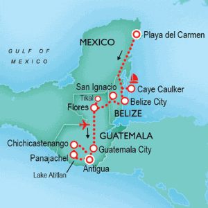 14 Day tour departing Playa del Carmen - Highlights Playa del Carmen, Tulum, San Ignacio, Belize City, Flores, Tikal, Guatemala City, Antigua, Panajachel, Santiago, Chichicastenango