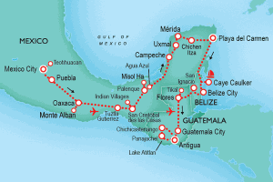 26 Day tour departing Mexico City - Highlights Mexico City, Guadalupe, Puebla, Oaxaca, Tuxtla Gutierrez, Palenque, Campeche, Playa del Carmen, Chichen Itza, Tulum, San Ignacio, Flores, Tikal, Guatemala City, Antigua, Panajachel, Santiago, Chichicastenango