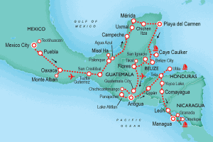 39 Day tour departing Mexico City - Highlights Mexico City, Guadalupe, Puebla, Oaxaca, Tuxtla Gutierrez, Palenque, Campeche, Merida Carnevalli, Playa del Carmen, Chichen Itza, Tulum, San Ignacio, Flores, Tikal, Guatemala City, Antigua, Panajachel, Santiago, Chichicastenango, Copan, Tela, Utila Island, Comayagua, Granada, Managua, Masaya, Buenos Aires