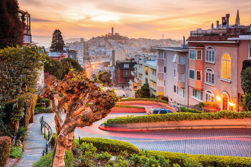 Lombard Street in San Francisco at sunset