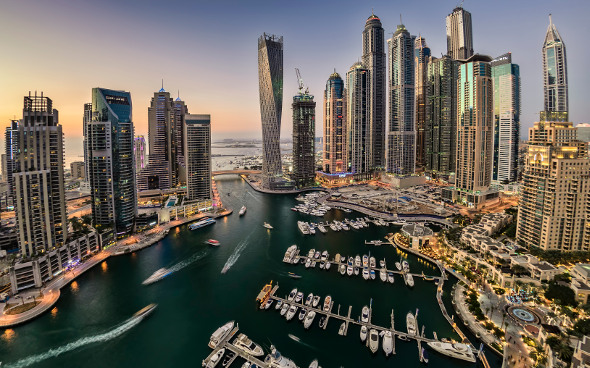 dubai skyline at sunset