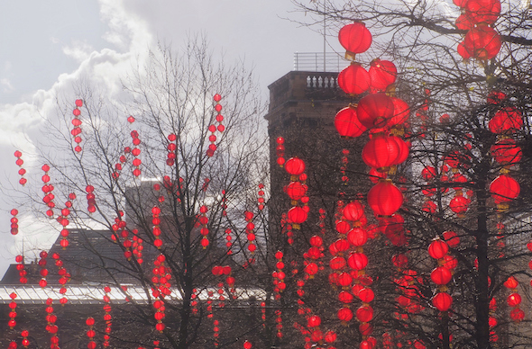 Chinese New Year balloons brighten St Anne's Square in Manchester.