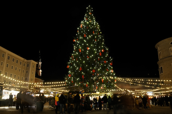 A giant Christmas tree lights up a market square in Salzburg, Austria.