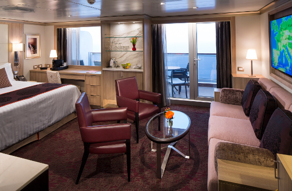 A spacious cruise cabin with balcony