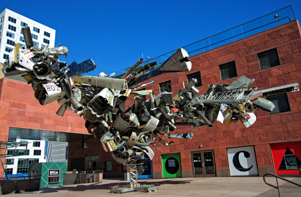 An massive abstract artwork in an outdoors area of Los Angeles' Museum of Contemporary Art