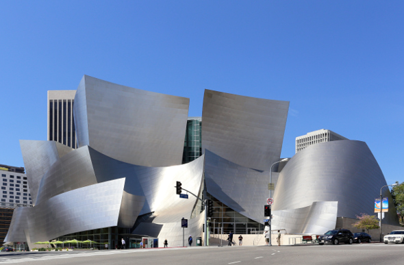 The outside of Walt Disney Concert Hall, a famous architectural landmark in Downtown LA