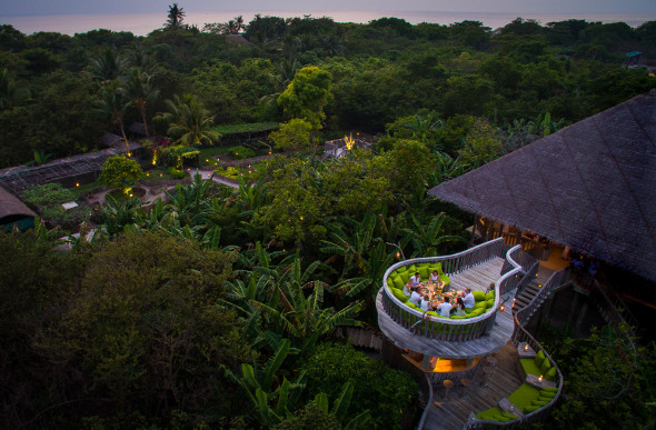 A panoramic view of Fresh in the Garden restaurant above the onsite gardens at Soneva Fushi