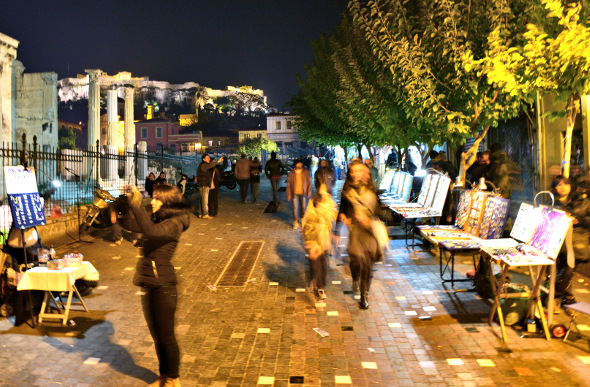 Market stalls at night in Monastiraki