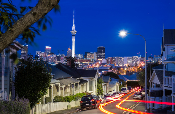 The view of the Auckland city skyline from the suburb of Ponsonby at night.