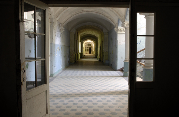 Empty hallway in abandoned hospital