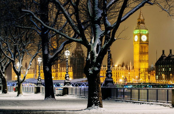 Big Ben in London with snow on the ground