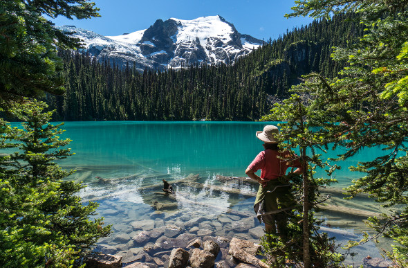 Stunning aqua lake with white-capped mountain in background